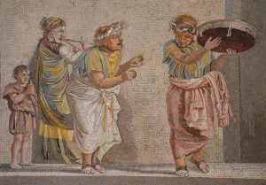Mosaico de músicos callejeros firmado por Dioskourides de Samos, hallado en la Villa de Cicerón en Pompeya, siglo I a.C., Museo Arqueológico Nacional de Nápoles