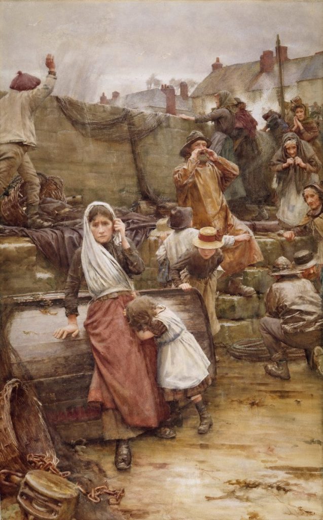 Fotografía histórica de mujeres y niños esperando noticias del mar. Representa la incertidumbre, la vulnerabilidad familiar y la dimensión humana del trabajo y el poder económico.